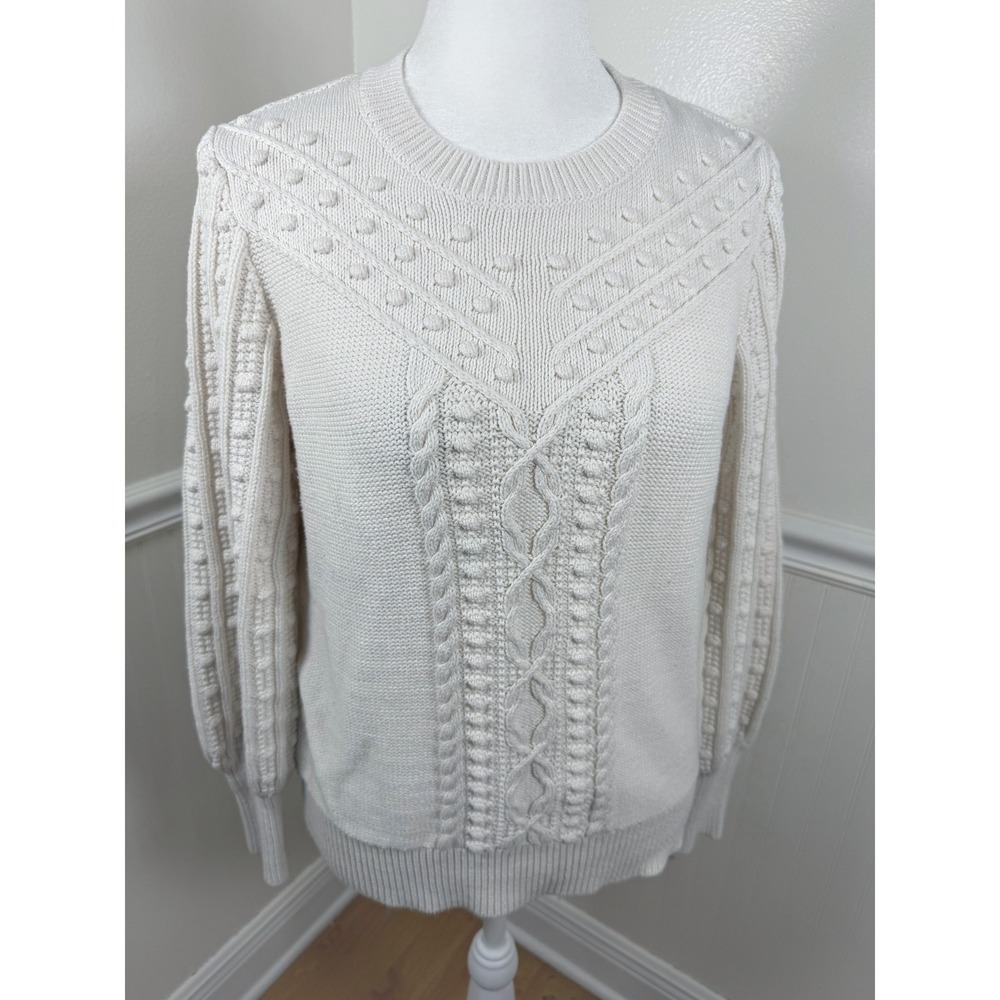 LOFT Cream Cable Knit Sweater Bobble Textured Long Sleeve Crew Neck Women Size S